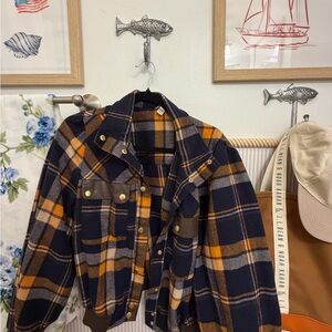 Plaid Utility Jacket with Snap Buttons – Navy & Mustard – Size 18/20